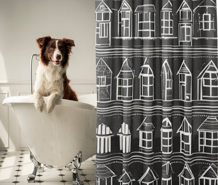 Home Sweet Home Shower Curtain shown in a claw foot tub with a cute dog