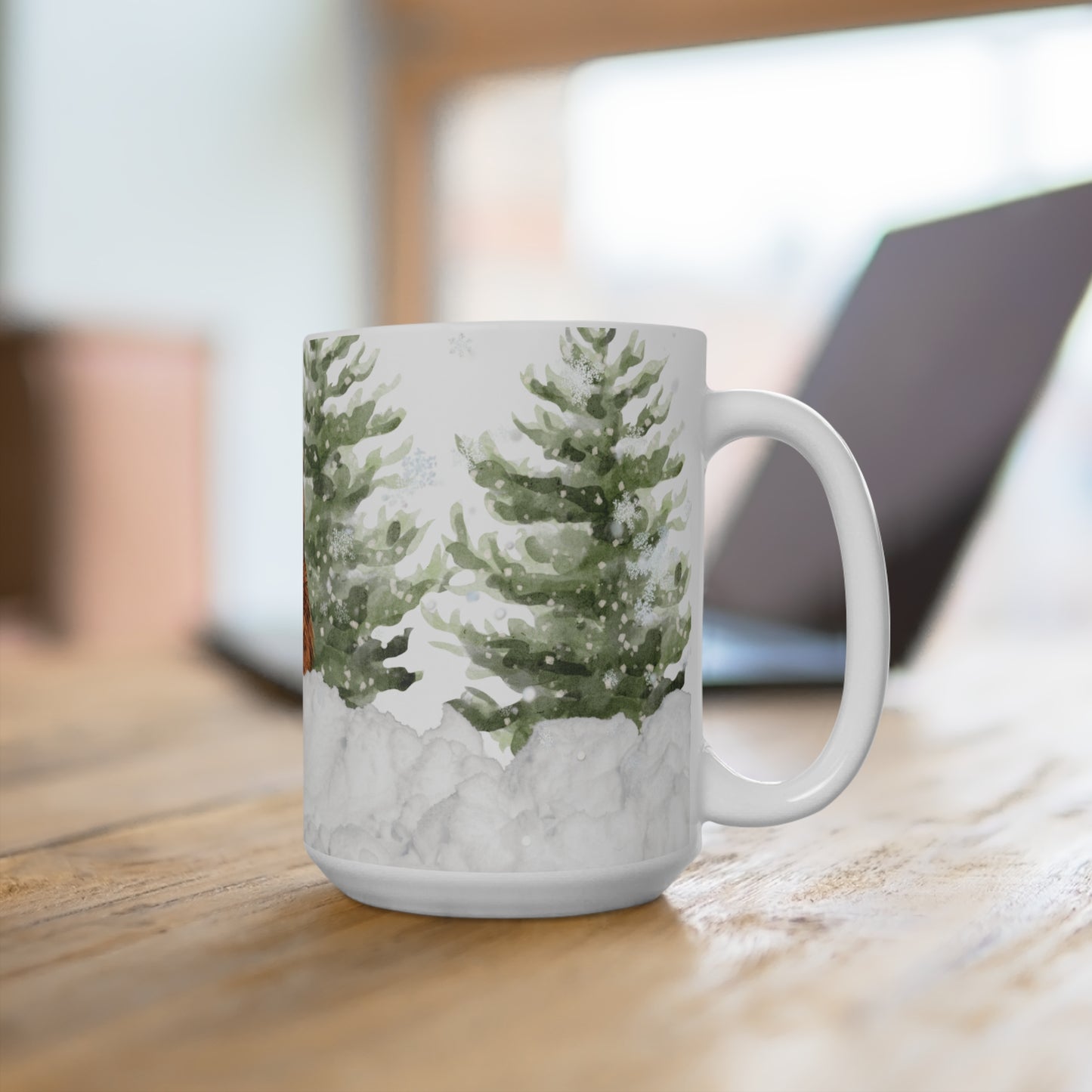 15oz Winter Bear Mug — Cute Woodland Bear in Snowy Pine Trees, Holiday Hot Cocoa Cup-Part of Winter Series