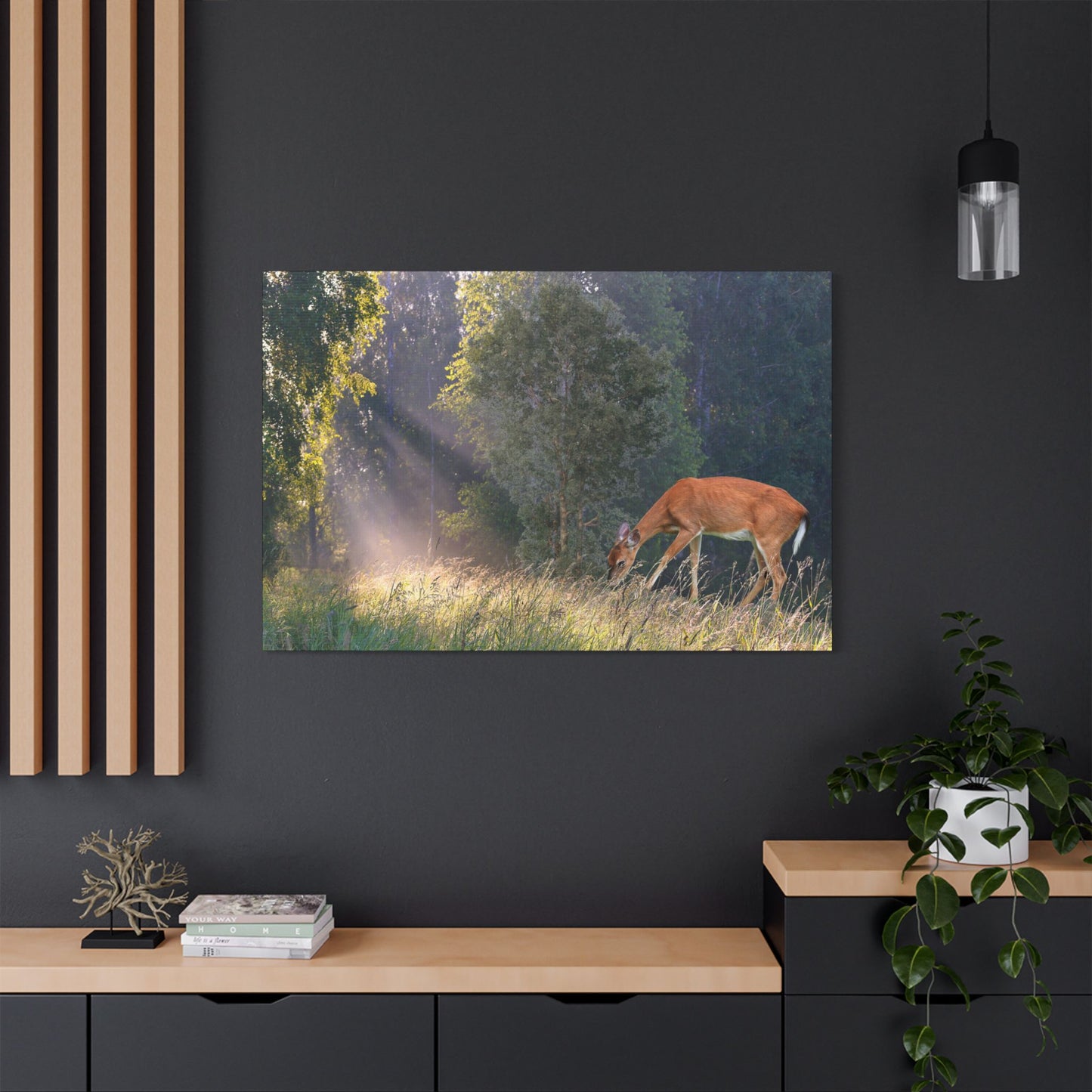 Deer in Sunlit Forest Satin Canvas Print — Stretched Nature Wall Art