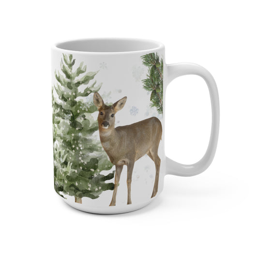 Winter Deer Mug — 15oz Holiday Pine Forest Ceramic Cup for Tea or Coffee- Part of the Winter Series
