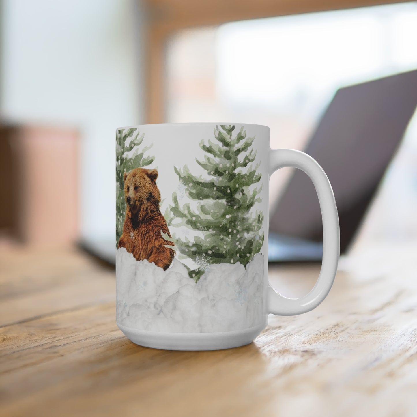 15oz Winter Bear Mug — Cute Woodland Bear in Snowy Pine Trees, Holiday Hot Cocoa Cup-Part of Winter Series