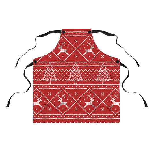Christmas Faux Knit Pattern Apron — Red Holiday Reindeer & Pine Trees Kitchen Apron