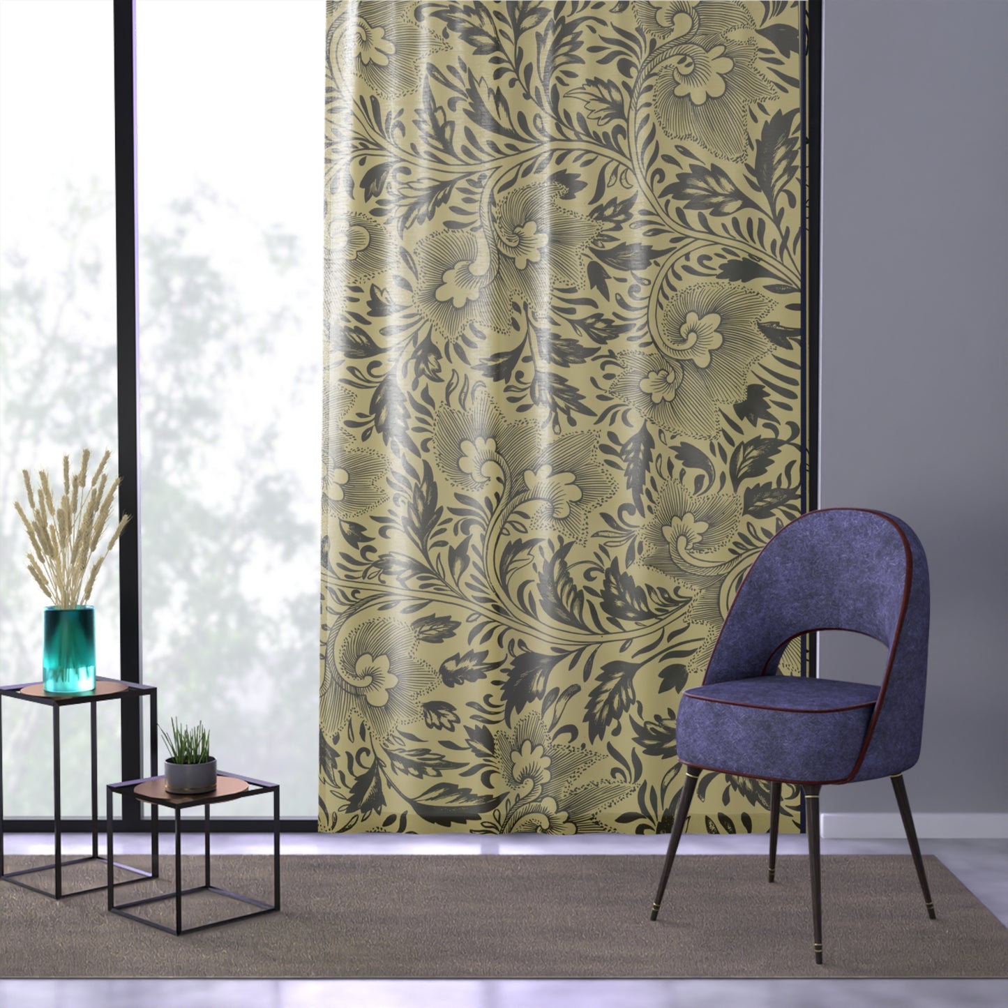 Damask Floral Window Curtain – Vintage Gold & Charcoal Sheer Drapery