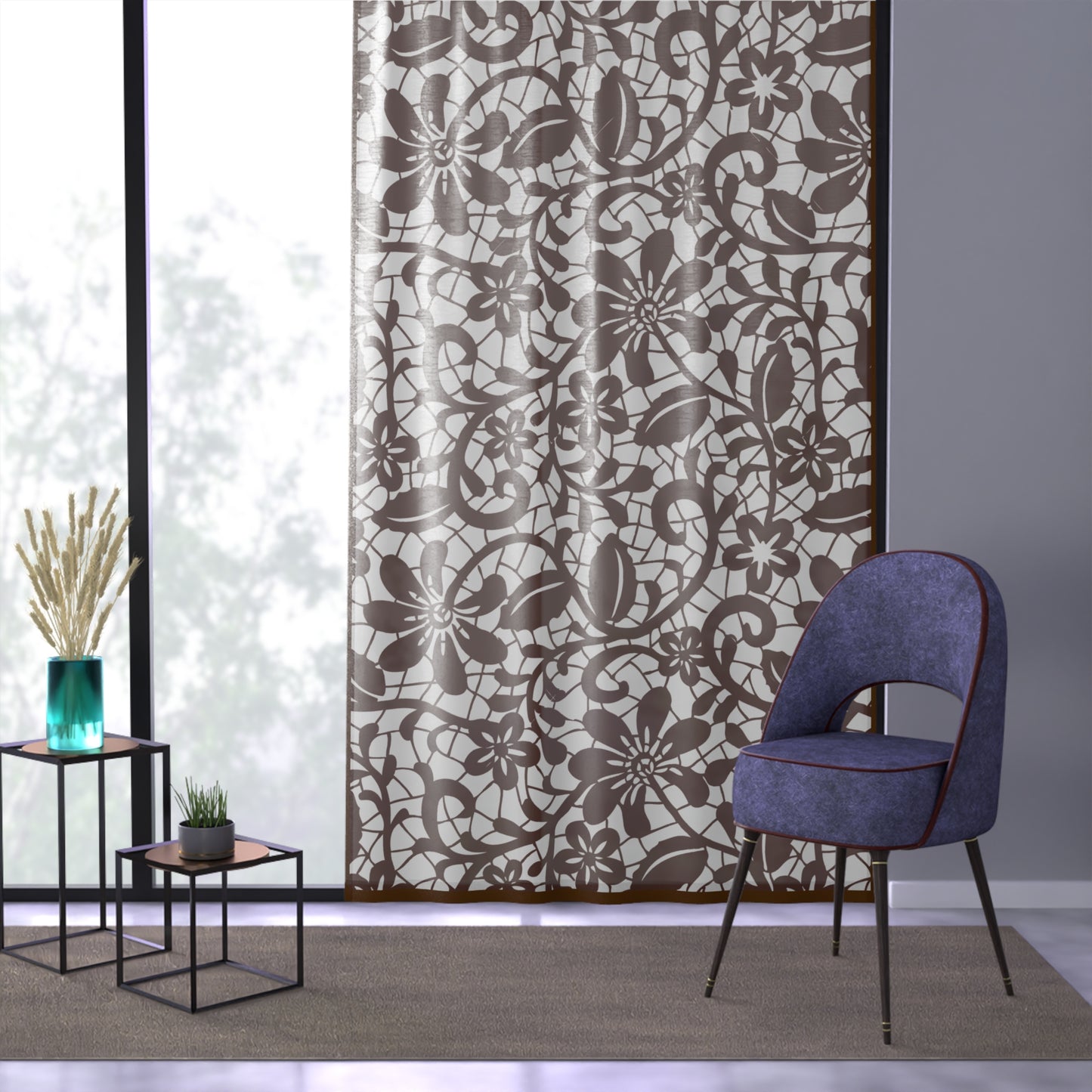 Damask Sheer Curtain — Brown Patterned Window Panel