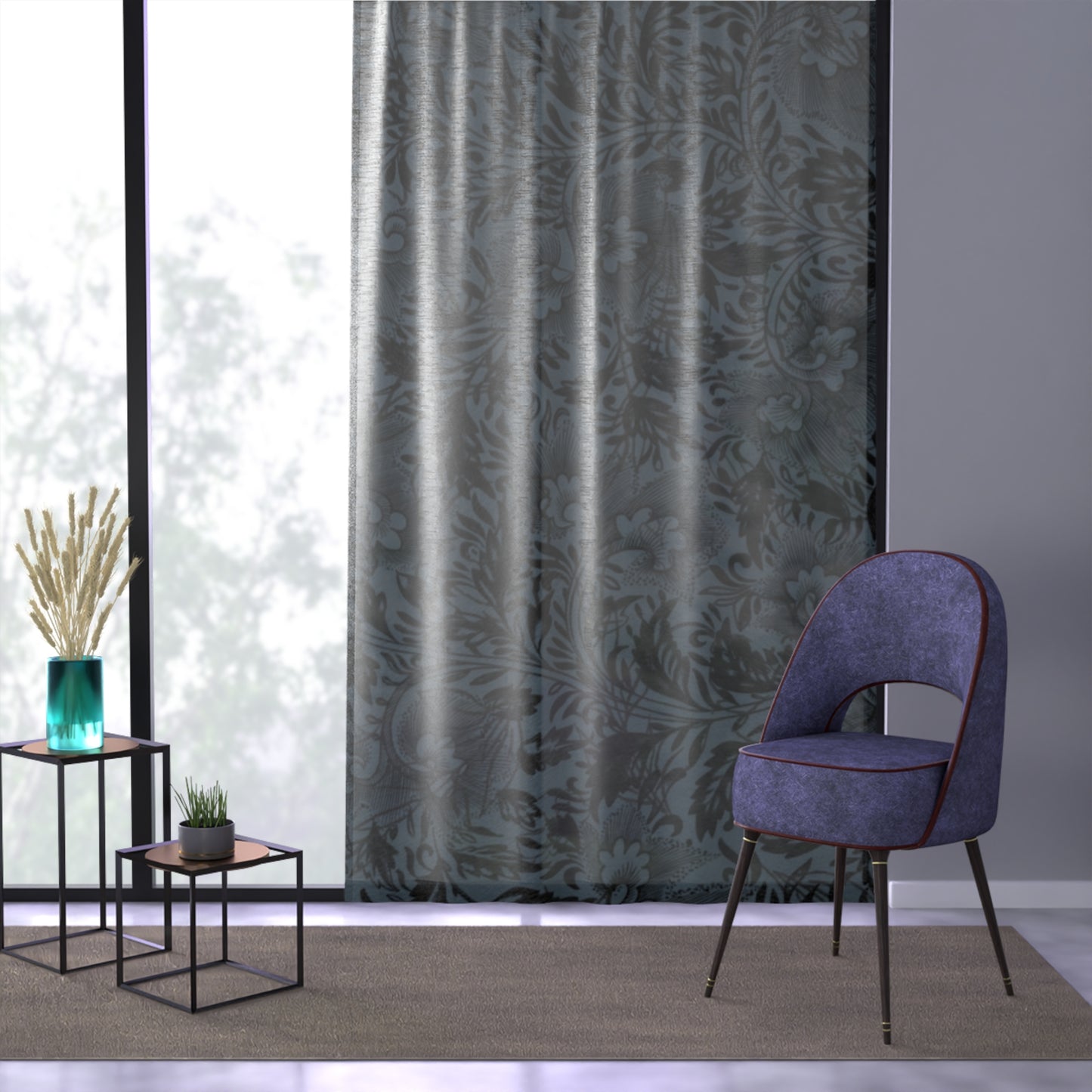 Damask Sheer Window Curtain – Slate Blue Floral Pattern