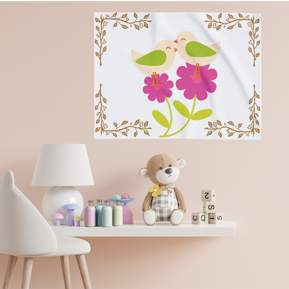 Lovely white blanket with bright pink flowers and little birds