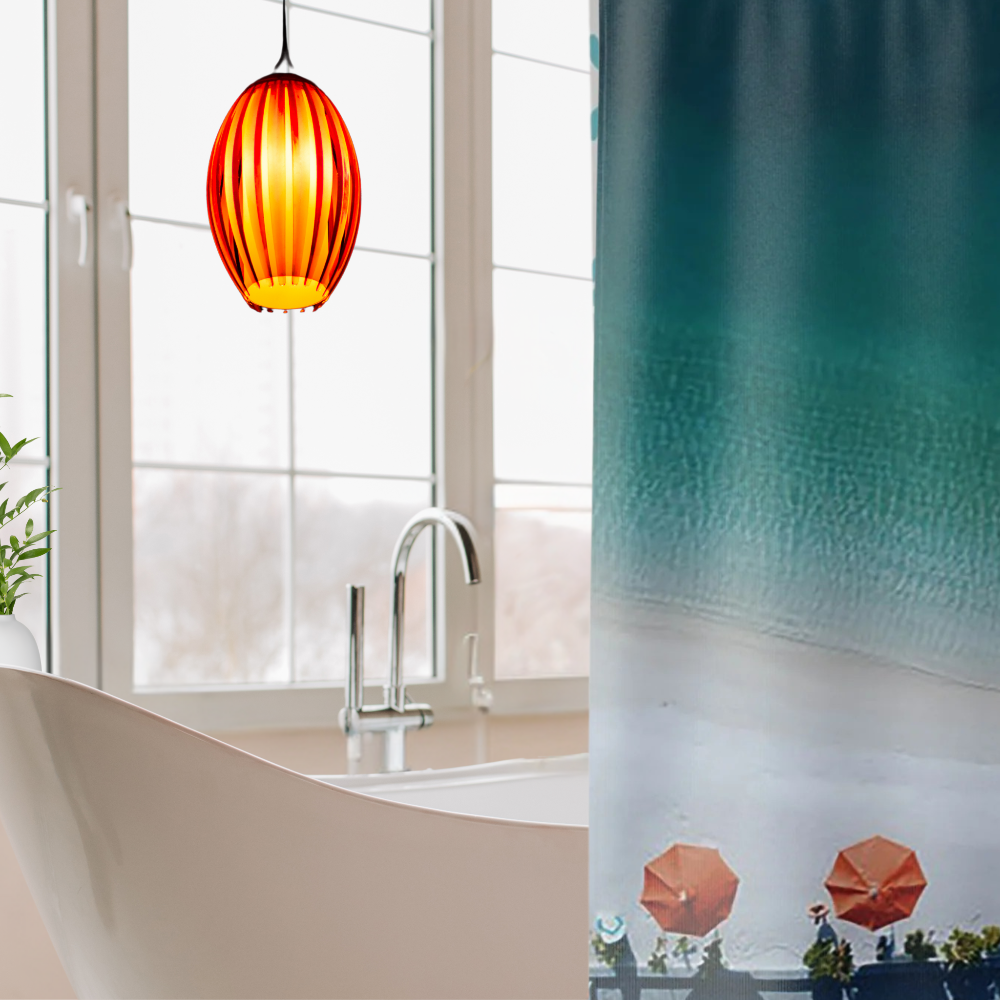 Fading from dark blue at the top to sand color at the bottom with bright orange umbrellas in a beautiful bathoom