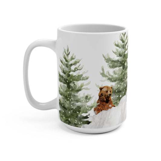 15oz Winter Bear Mug — Cute Woodland Bear in Snowy Pine Trees, Holiday Hot Cocoa Cup-Part of Winter Series