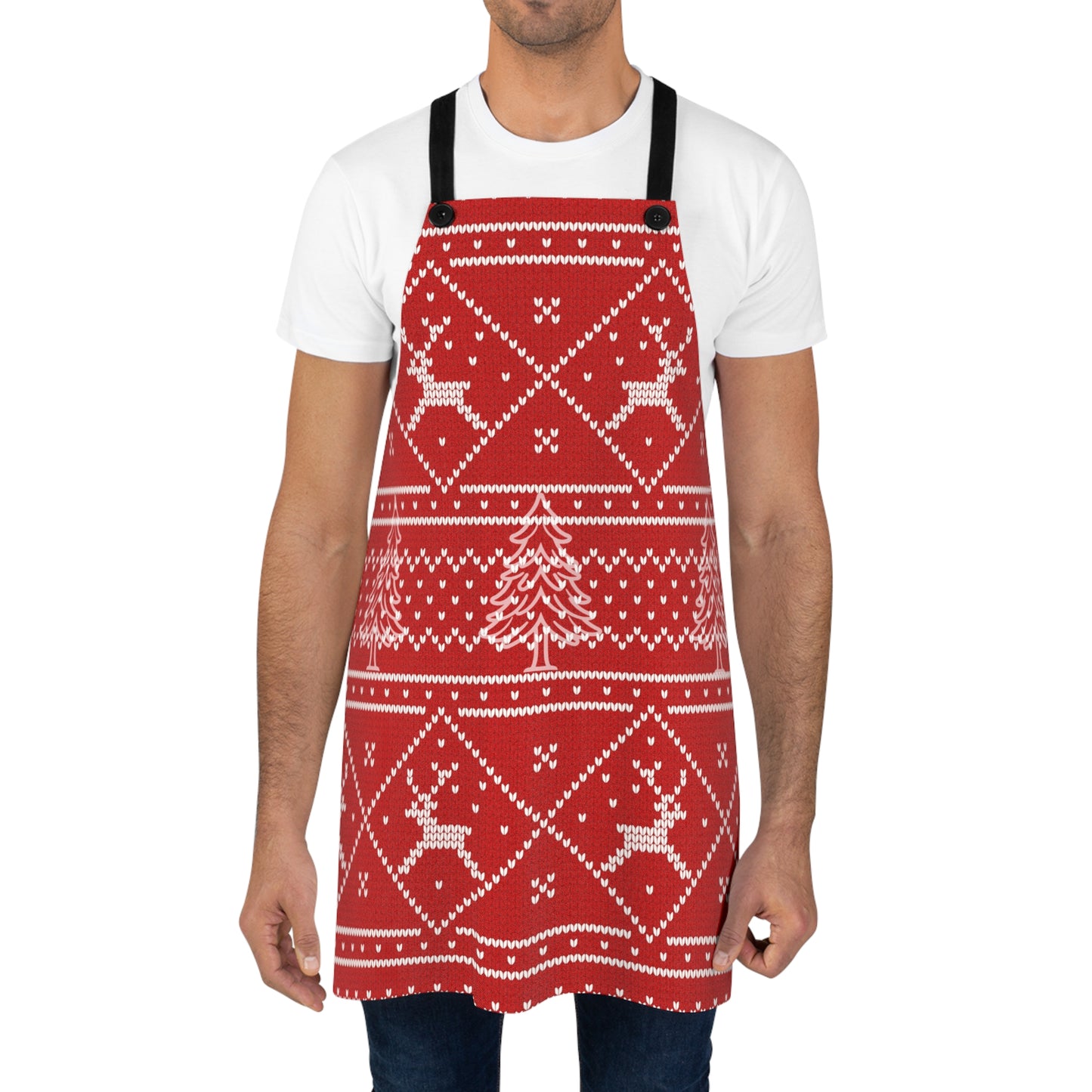 Christmas Faux Knit Pattern Apron — Red Holiday Reindeer & Pine Trees Kitchen Apron