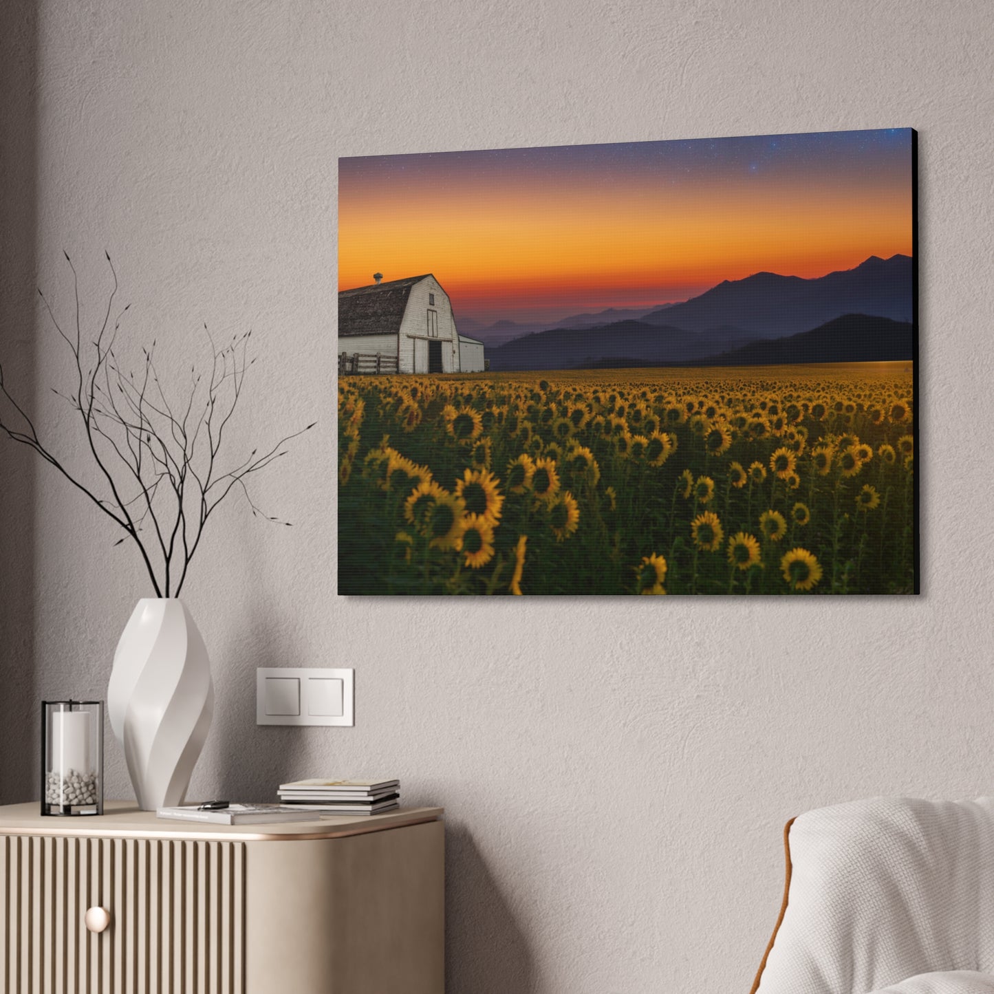 Sunflower Field at Sunset Canvas Wall Art — Farmhouse Barn Landscape Stretched Canvas