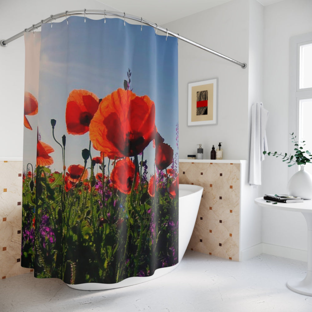 Shower curtain with a floral design in a bathroom setting