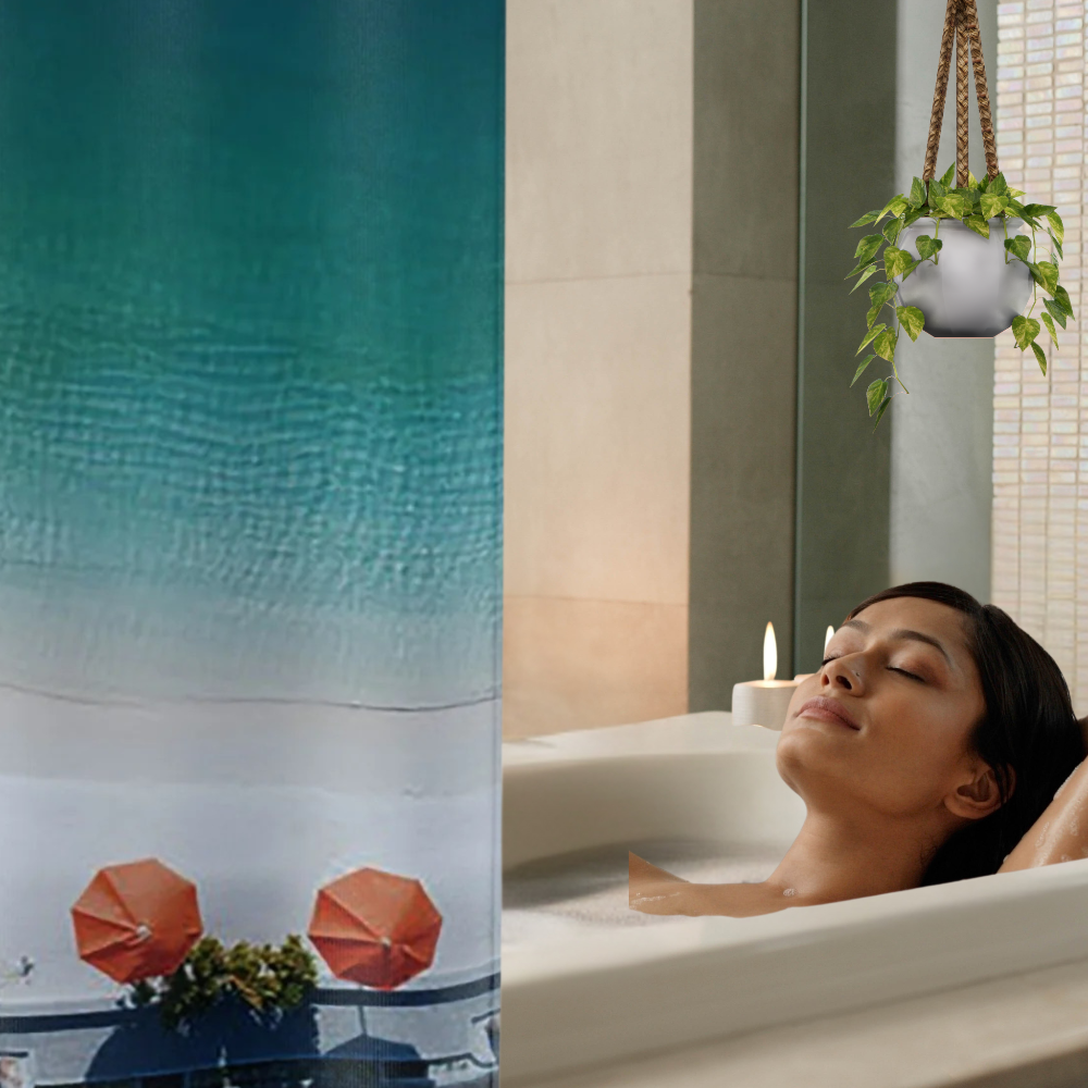 an ombre blue shower curtain with bright orange beach umbrellas shown with a woman lounging in the tub