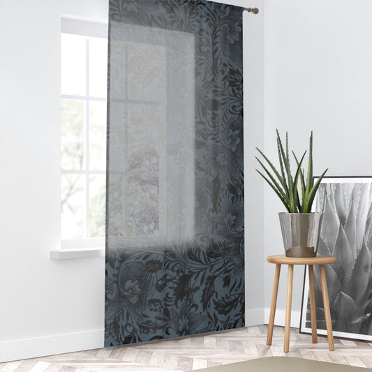 Damask Sheer Window Curtain – Slate Blue Floral Pattern
