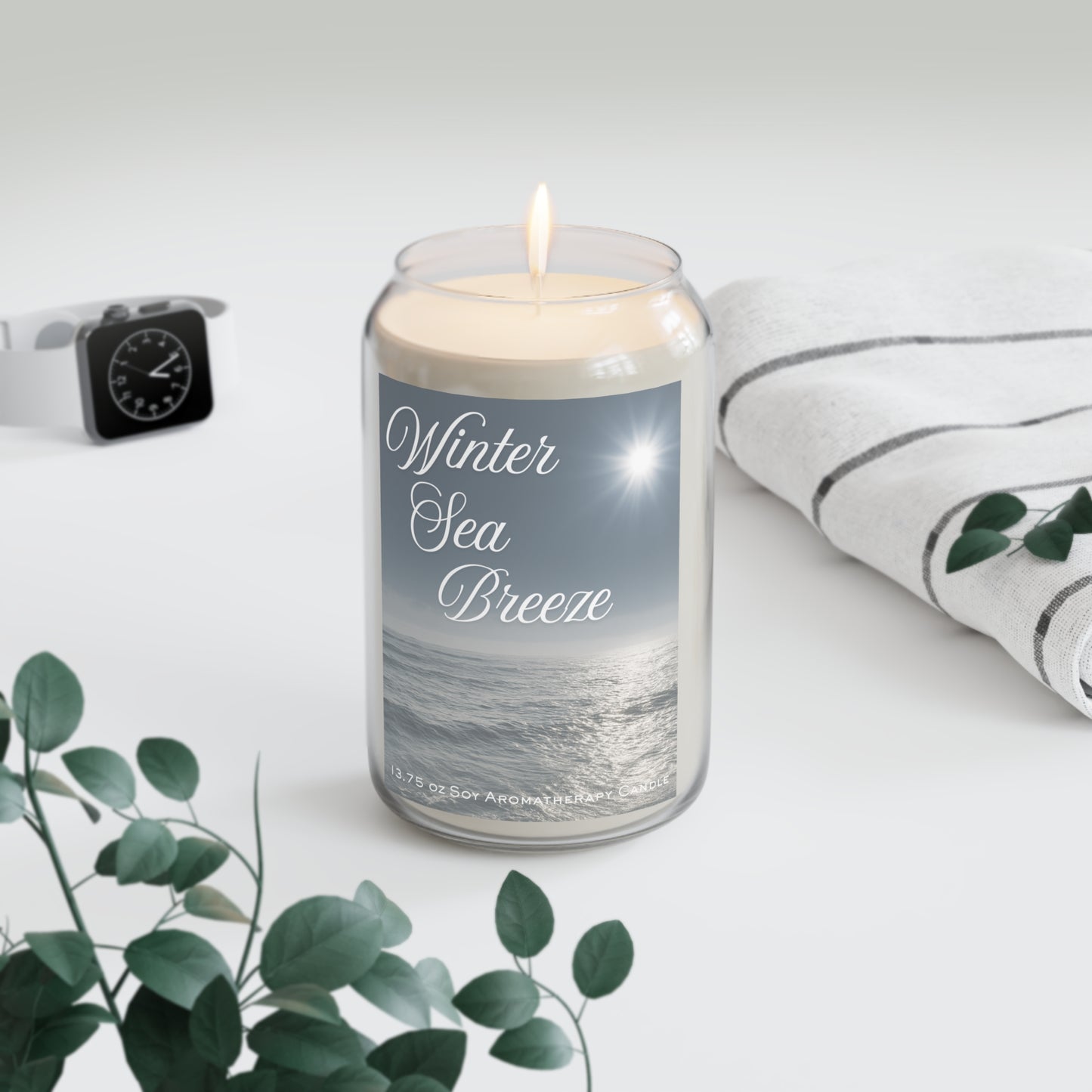 Candle labeled 'Winter Sea Breeze' on a white surface with a plant and watch in the background