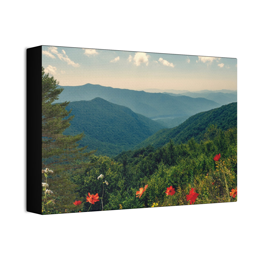 Side view of Canvas print of a mountain landscape with red flowers in the foreground