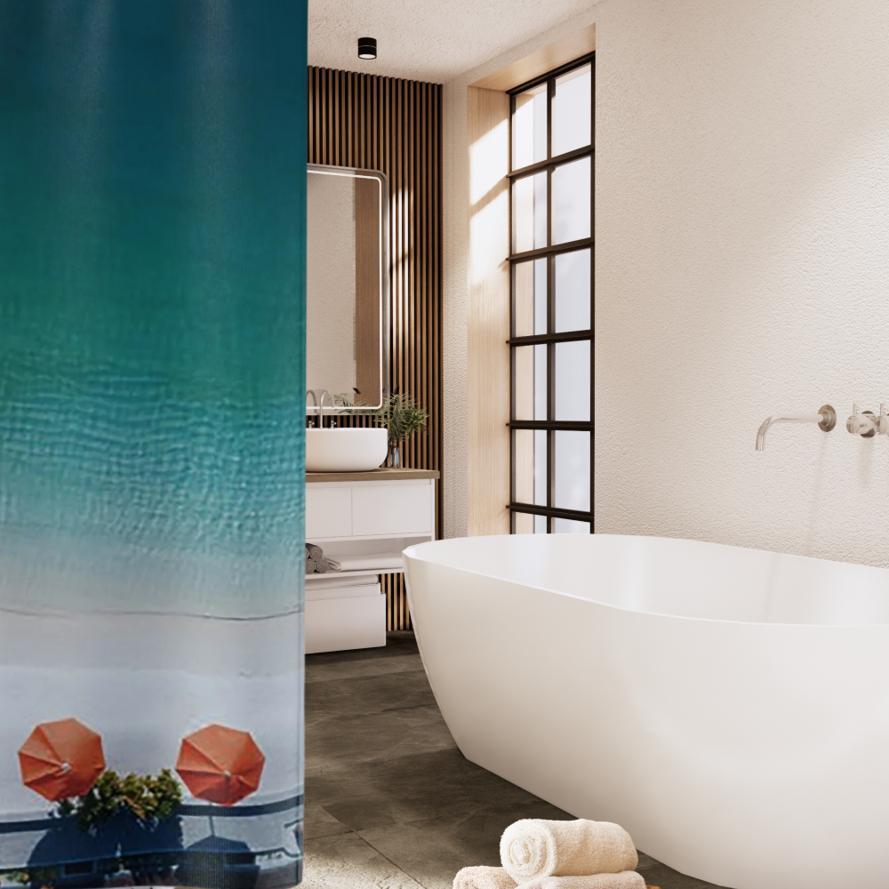 ombre blue shower curtain with bright orange umbrellas shown in a modern bath
