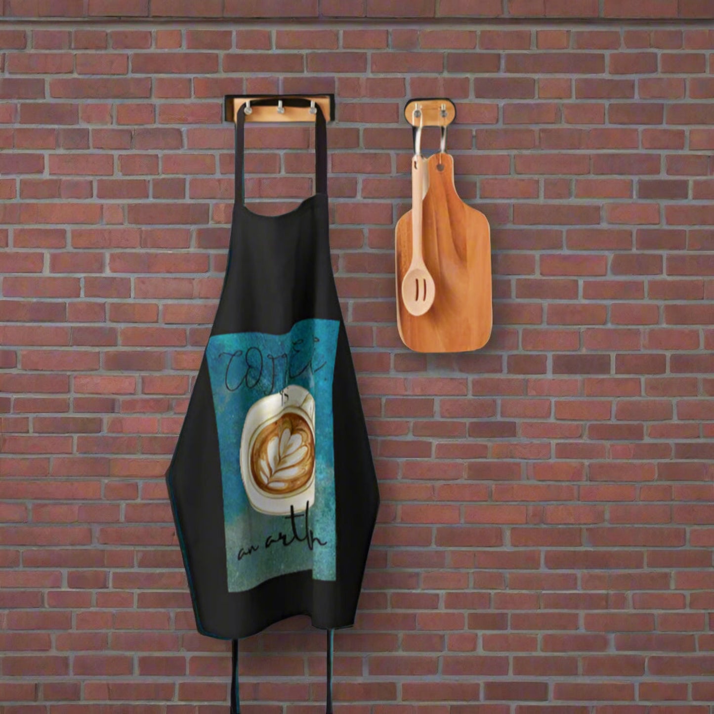 apron hanging in kitchen on a red brick wall