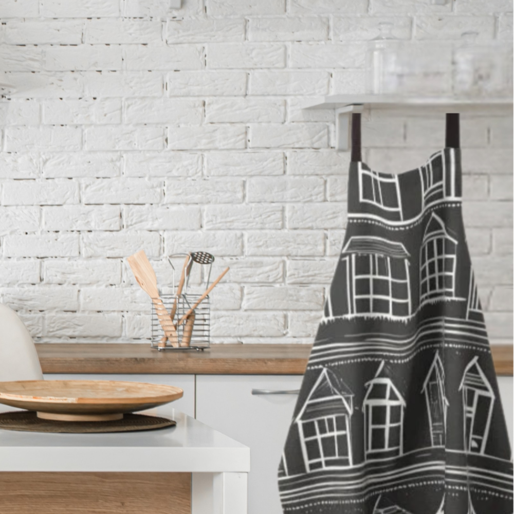 Apron-Home Sweet Home  Black and White Modern Farmhouse Graphic Print shown in a beautiful white kitchen