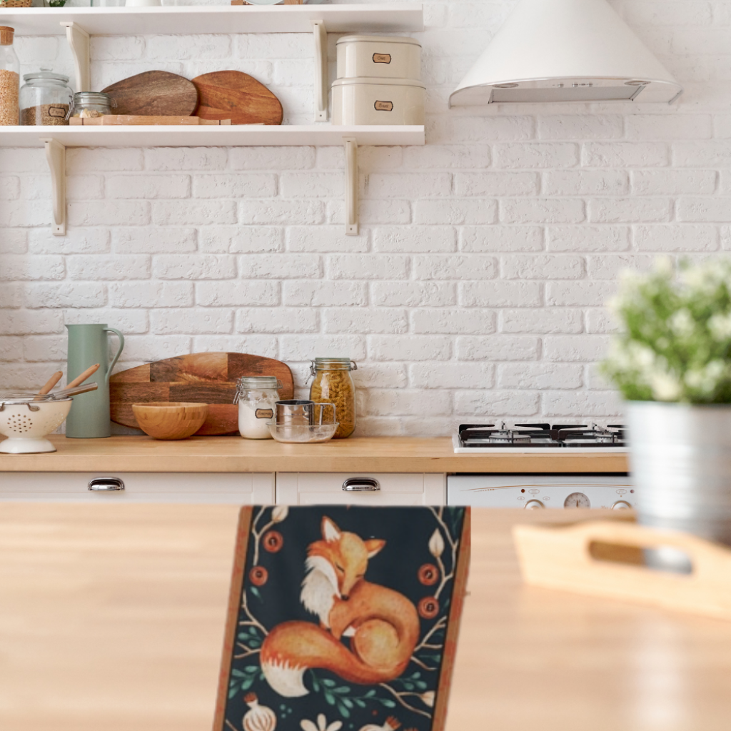 Autumn Fox Tea Towel shown in a modern farmhouse kitchen