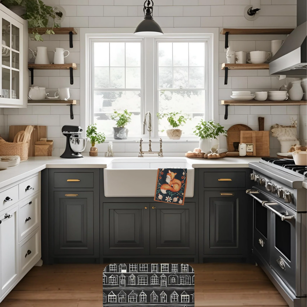 Shown in a farmhouse kitchen with our home sweet home rug