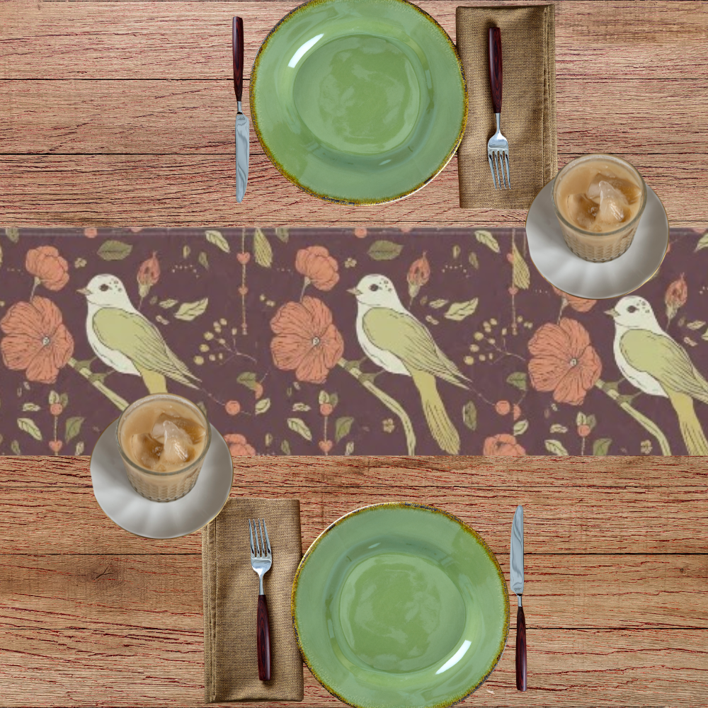 Table runner with birds and flowers in rich autumn tones shown on a table with green dinnerware and iced drinks.