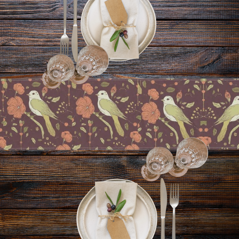 Table runner with birds and flowers in rich autumn tones shown on a dark wood table with place settings