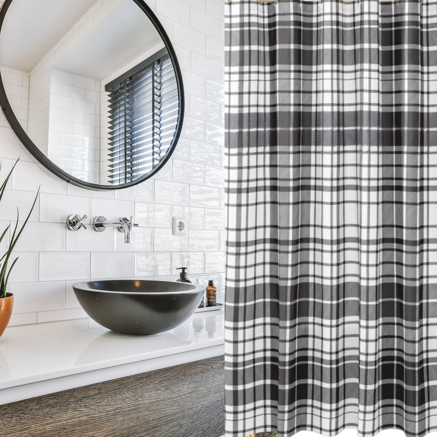 Shown in a modern bathroom with a large bowl sink and round mirror
