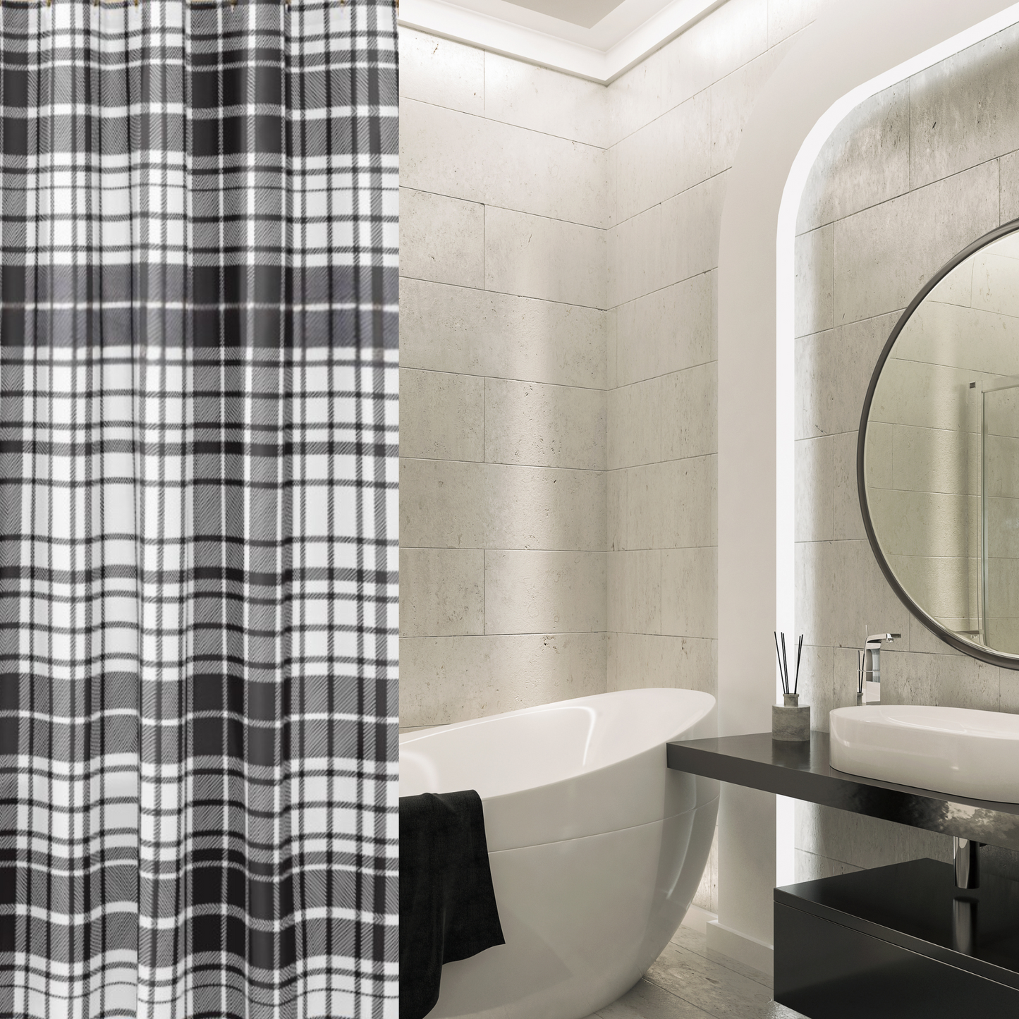 Shown in a bathroom with a large oval tub