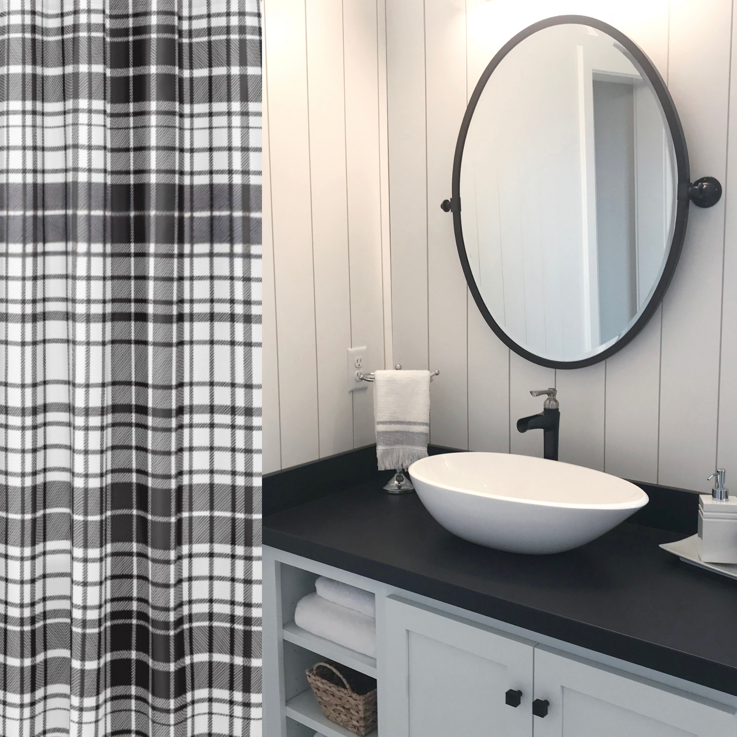 Shown in a modern farmhouse style bathroom with a ound mirror