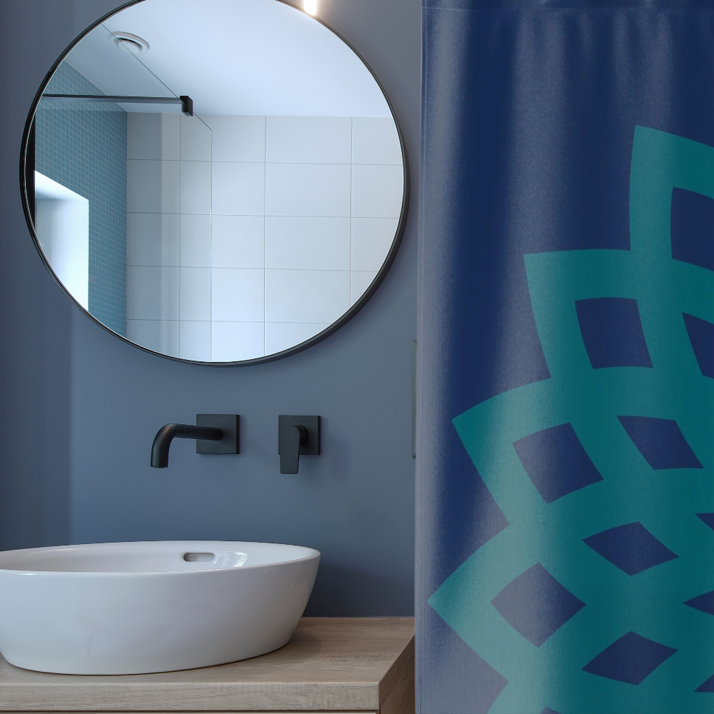Shown in a Blue Farmhouse style bathroom