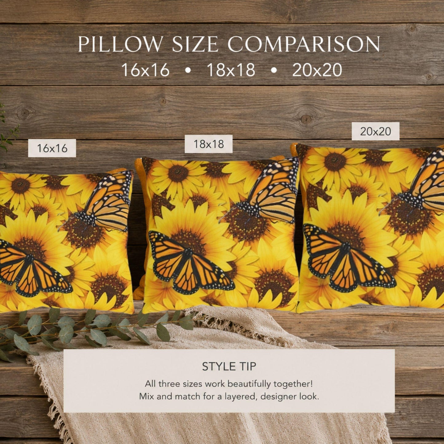 Three decorative pillows with a yellow sunflower and monarch butterfly print are arranged on a rustic wood background to compare sizes. Text at the top reads 'PILLOW SIZE COMPARISON' with dimensions 16x16, 18x18, and 20x20.