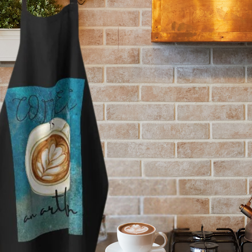 black and teal apron with deorative coffee hanging in kitchen with copper rangehood