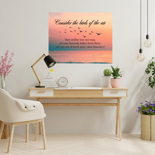 inspirational bible based wall art with birds and a beautiful sunset