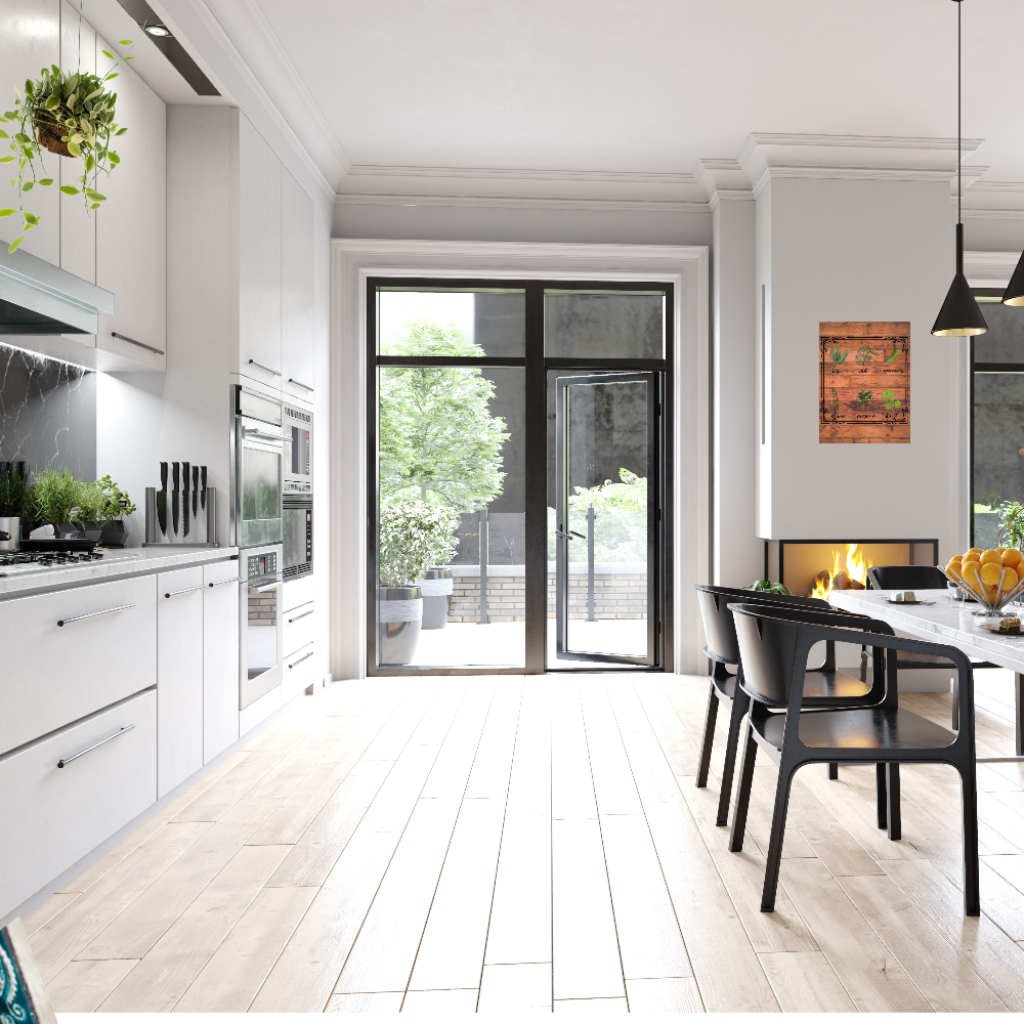 Rustic Herb wall art shown in a modern kitchen with white cabinets, black appliances, and a dining area.