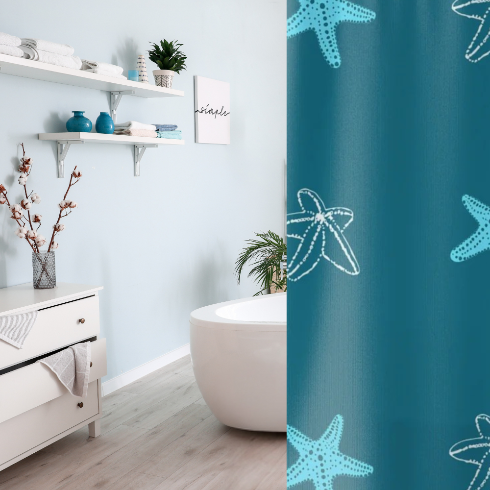 shown in a coastal light blue bathroom