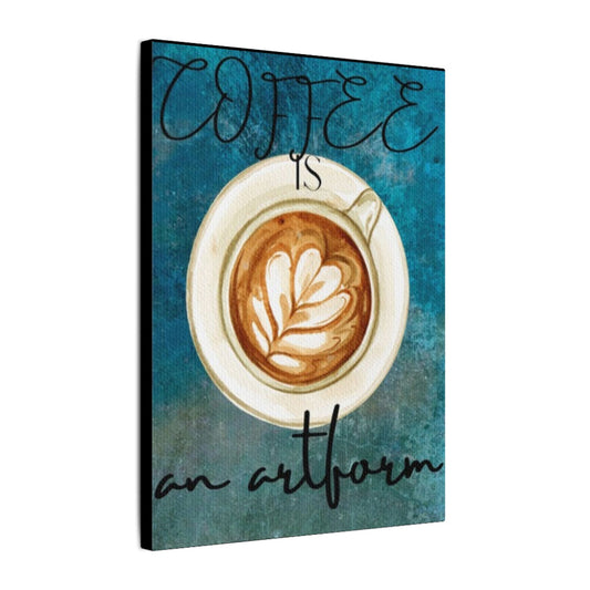 Canvas print with a coffee cup and latte art design on a blue background with text.