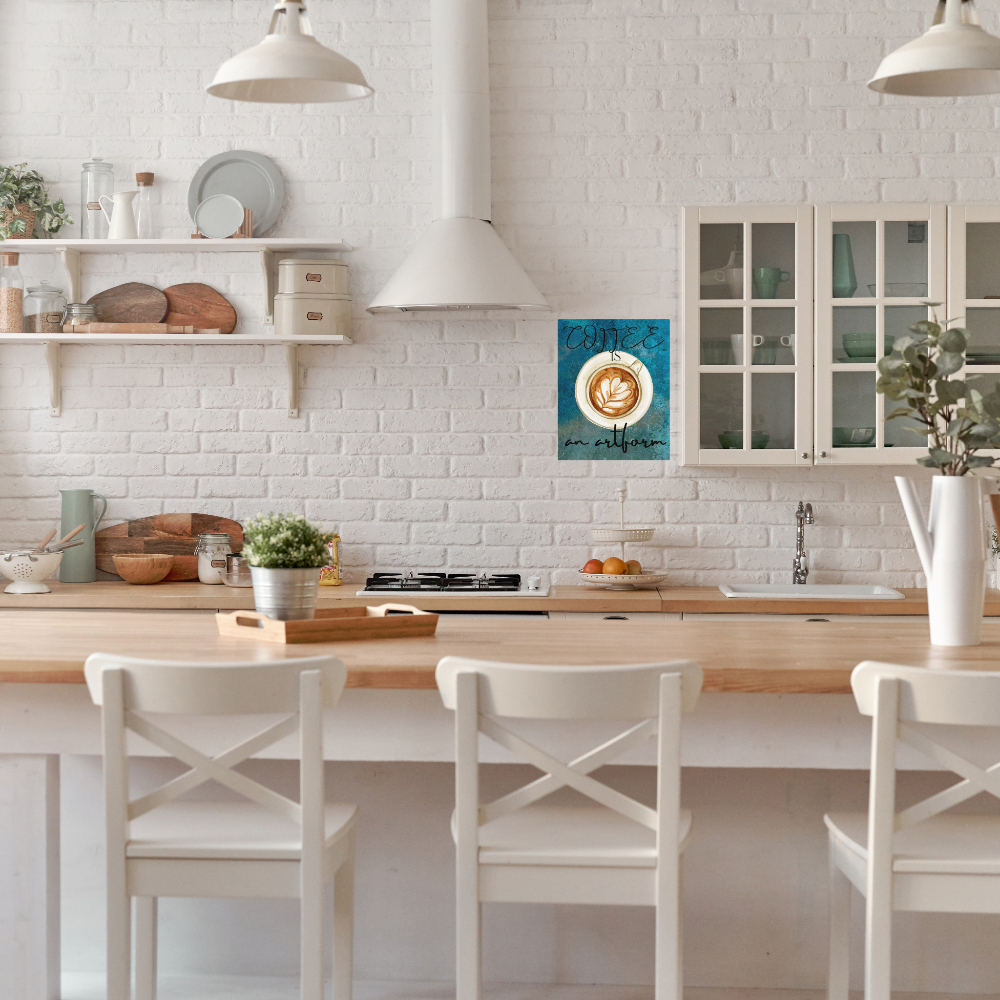 Shown in a Modern kitchen with white brick walls, wooden countertops, and white chairs.