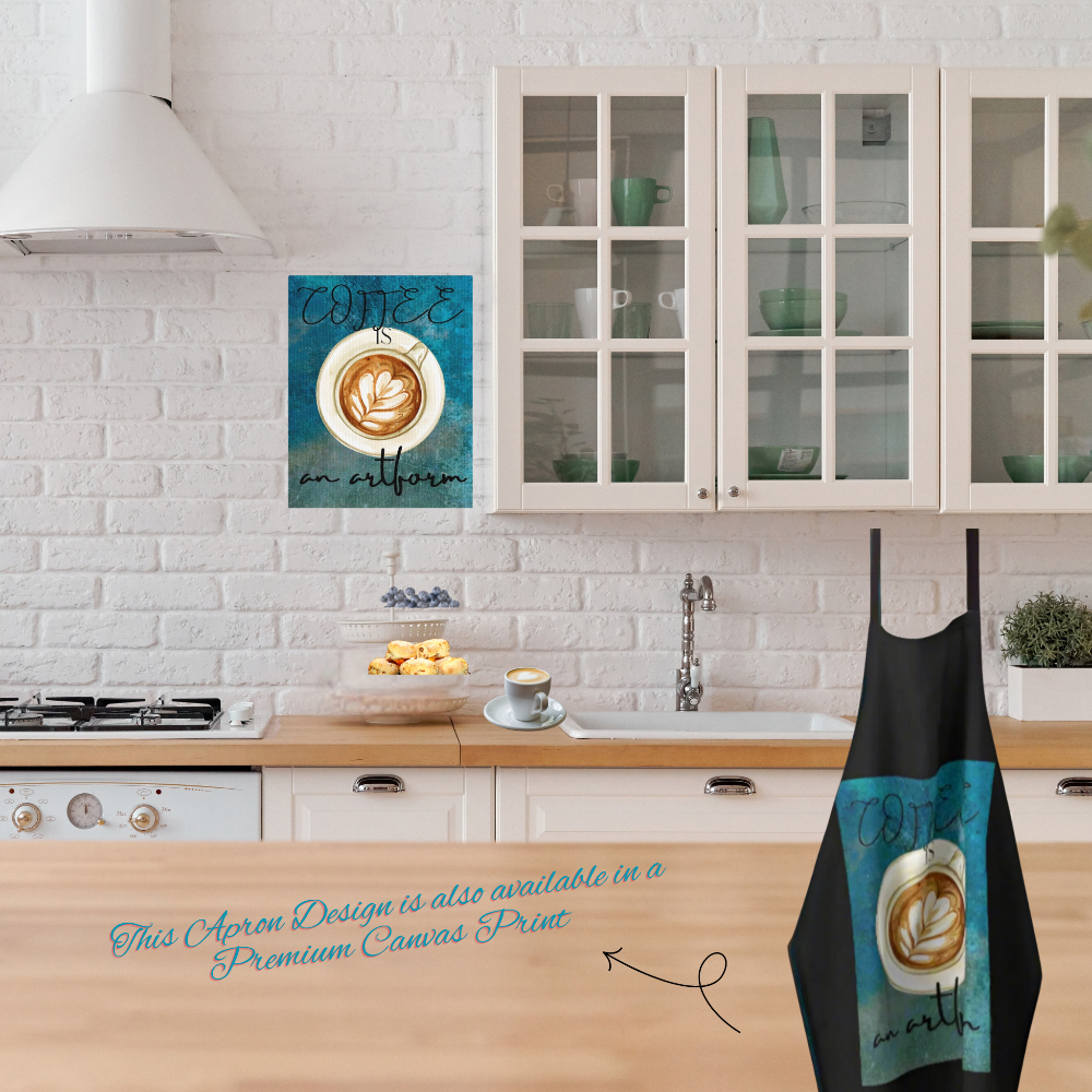 Farmhouse style Kitchen with a coffee-themed apron and wall art