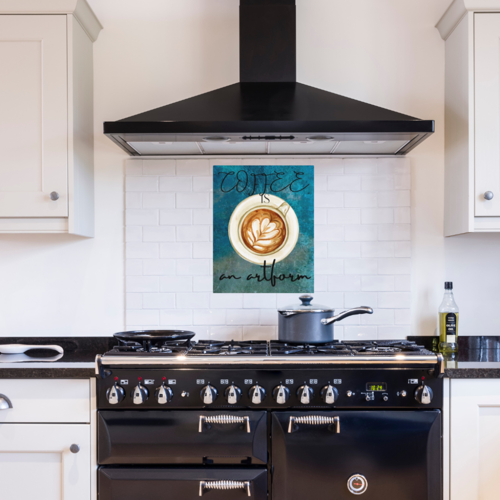 Coffee lovers art Canvas shown in a contemporary kitchen with a black designer stove