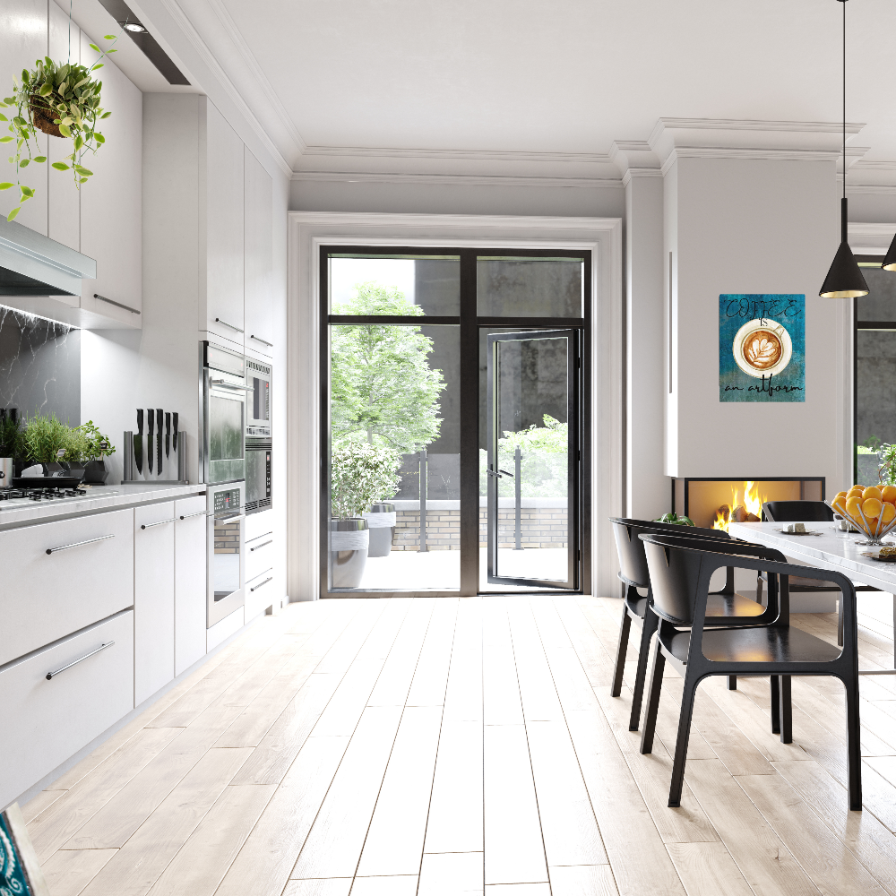 shown in a modern kitchen with white floors and cabinets and black chairs