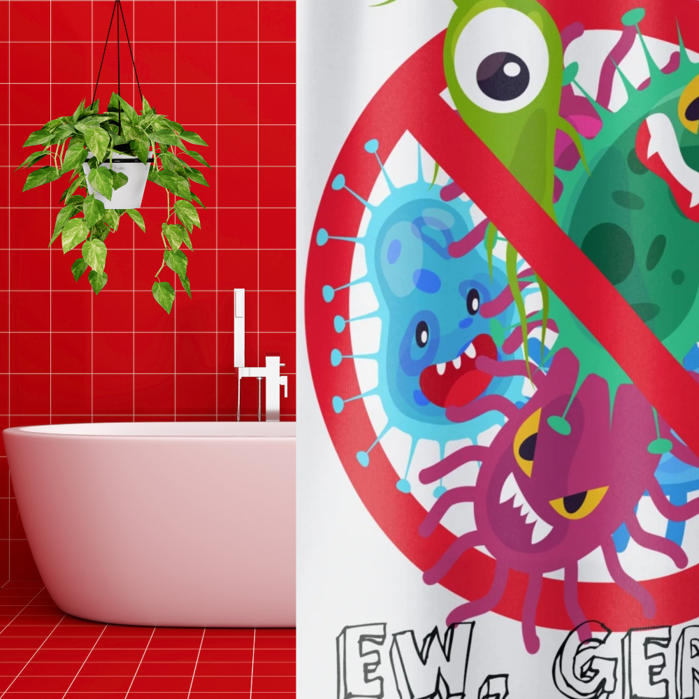 Bathroom with red tiled walls, a pink bathtub, and a shower curtain with cartoon viruses and a 'no' symbol.