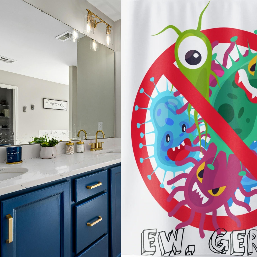 Bathroom with blue cabinets and a shower curtain featuring cartoon germs and a 'no germs' symbol.