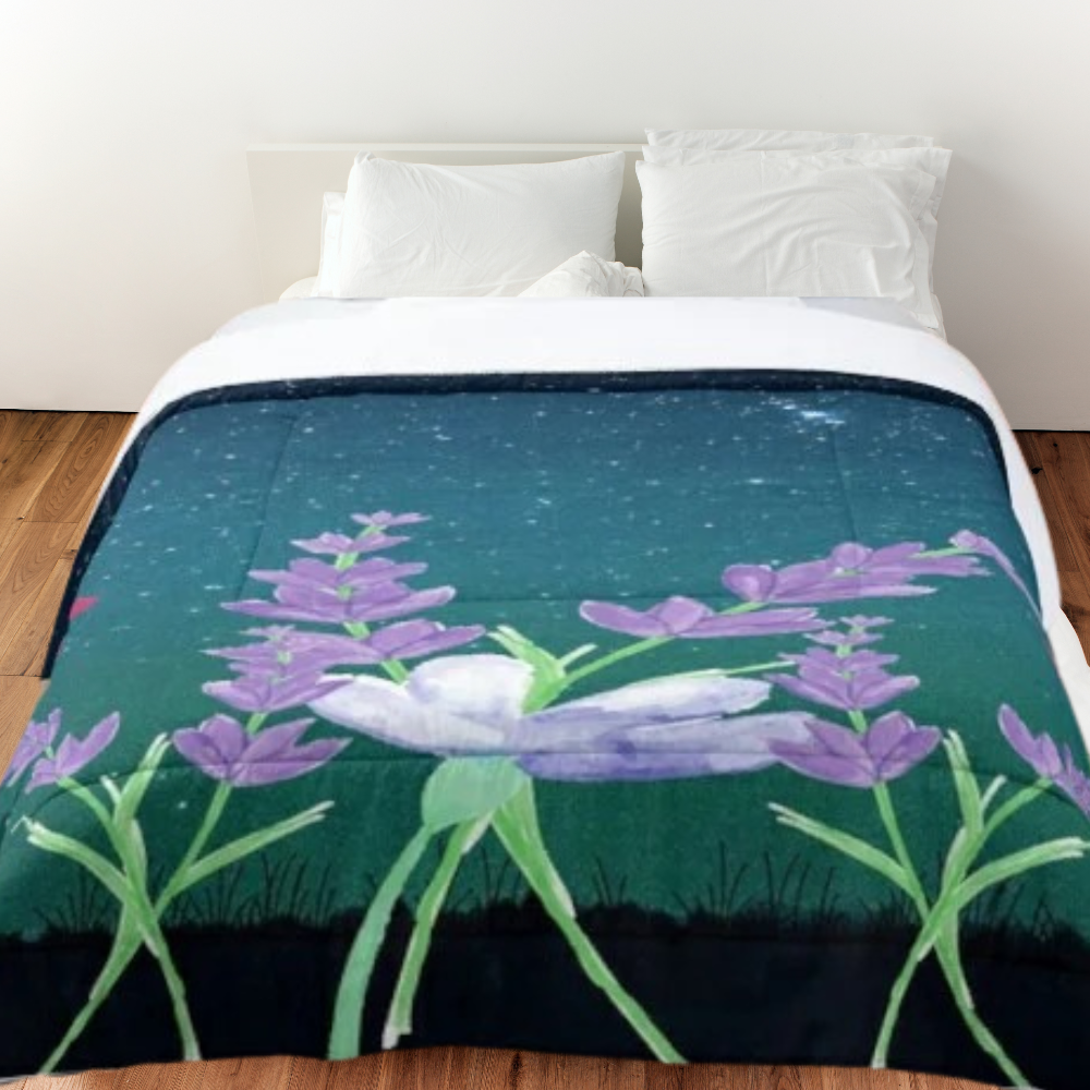 Garden in Moonlight comforter shown on a queen size bed