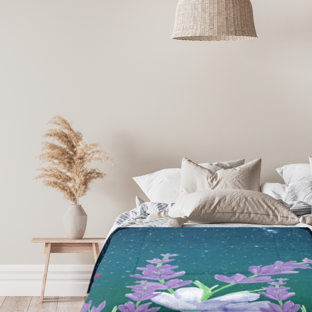 Garden in Moonlight comforter shown in a comfy bedroom