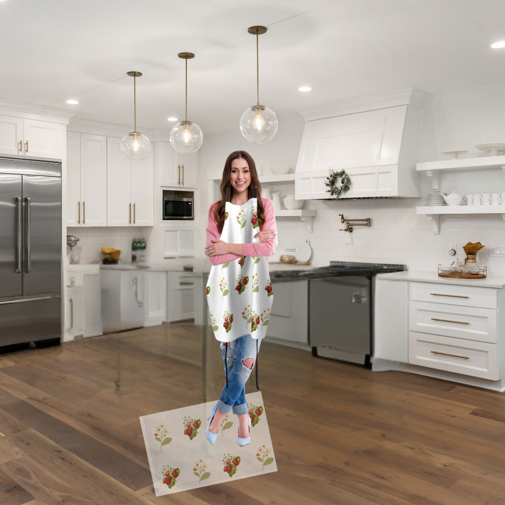 features a lady standing on a strawberry print rug wearing a matching apron