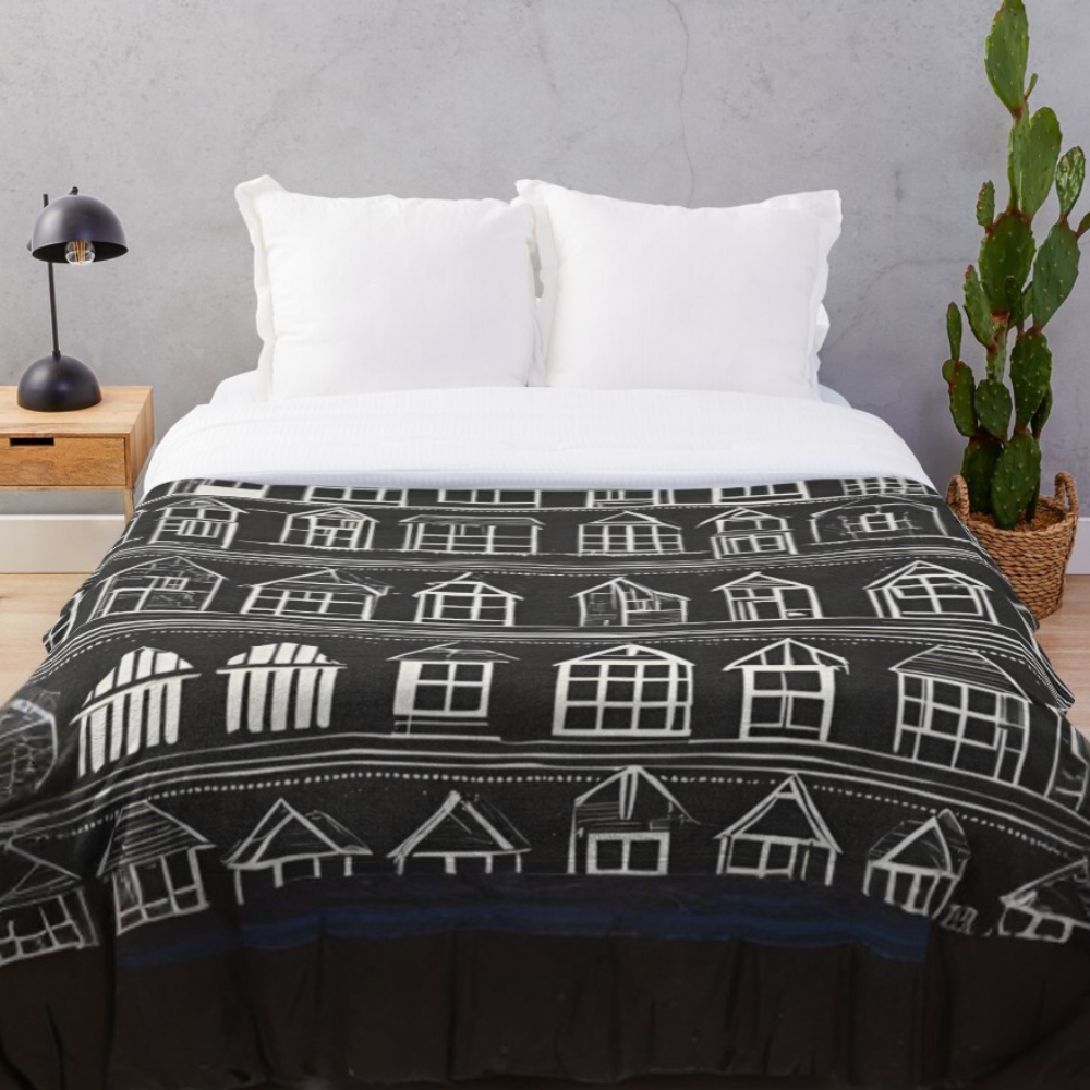 Home Sweet Home Comforter shown in a bedroom with a tall plant