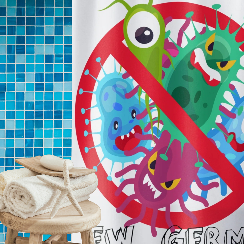 Shows a shower curtain with cute, colorful germs in a bright blue bathroom