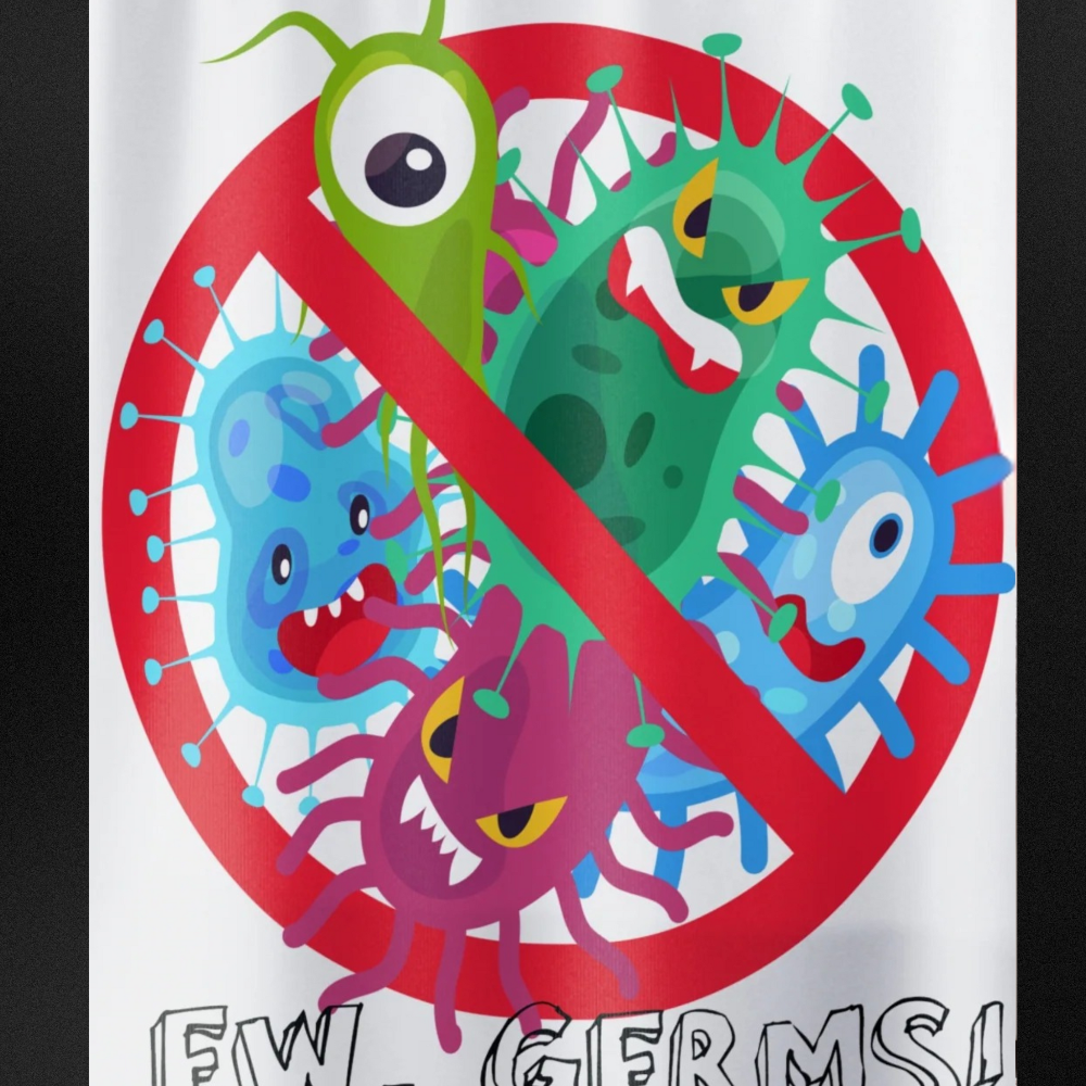 Cartoon illustration of germs with a red 'no' symbol on a white background