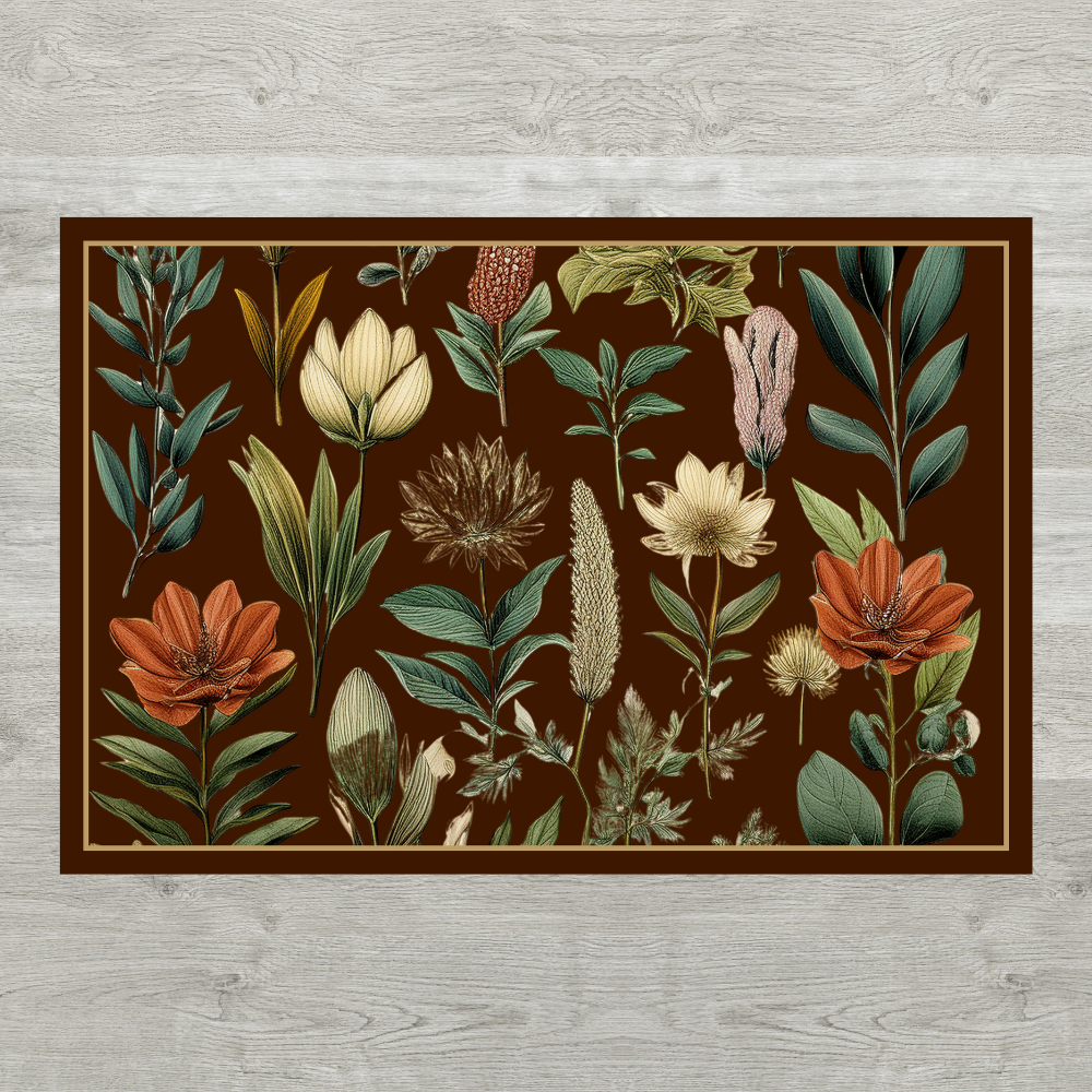 Detail of rug pattern showing dark chocolate brown background with green and earth toned botanical pattern against a light wood floor
