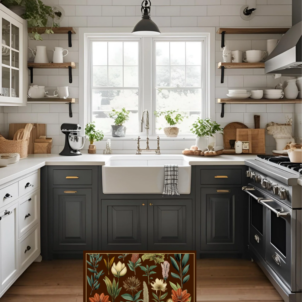 Shown in a modern farmhouse style kitchen with black cabinets